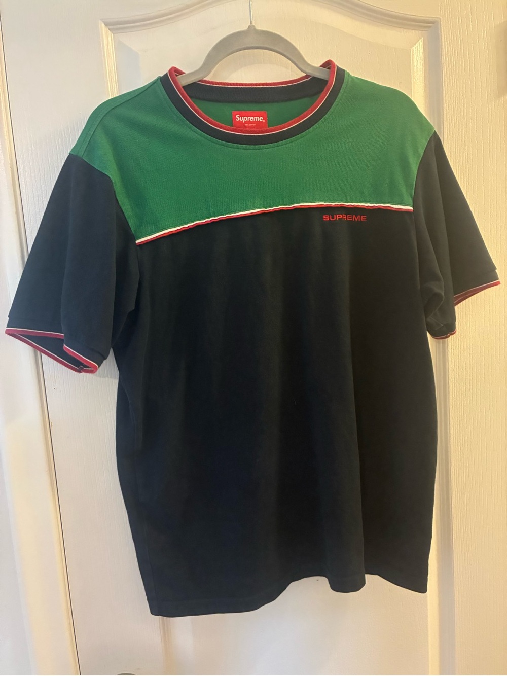 Supreme Black & Green Colorblock Crewneck Tee with Red Trim